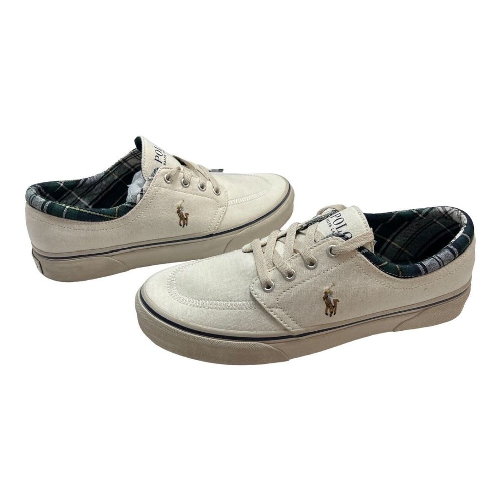 Polo Ralph Lauren Mens 8D Fallon X Canvas Sneakers Off White Plaid Trim